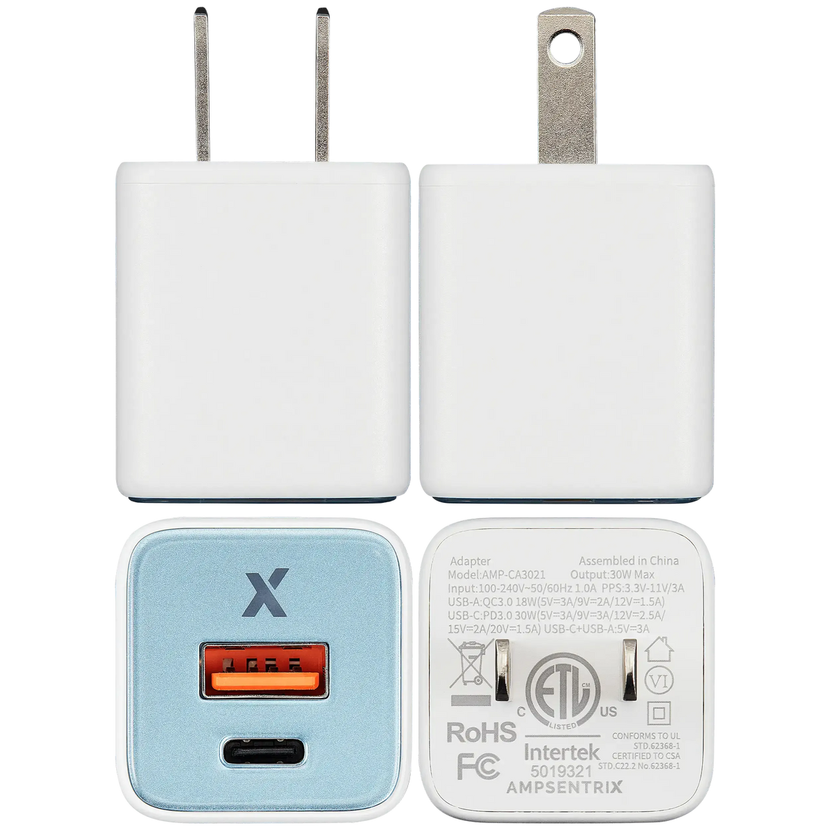 Cargador AmpSentrix Pro 30W GaN 2-en-1 USB-C + USB-A (Teal) — Carga Rápida